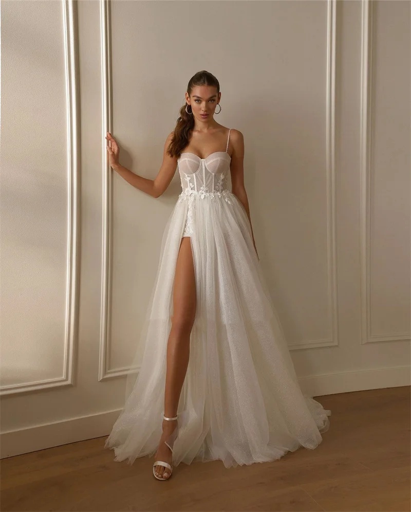 A-e Bridal Dress with Sequins and Appliques - Spaghetti Strap Sweetheart Neck Split Side Gown, Sweep Train, Customizable