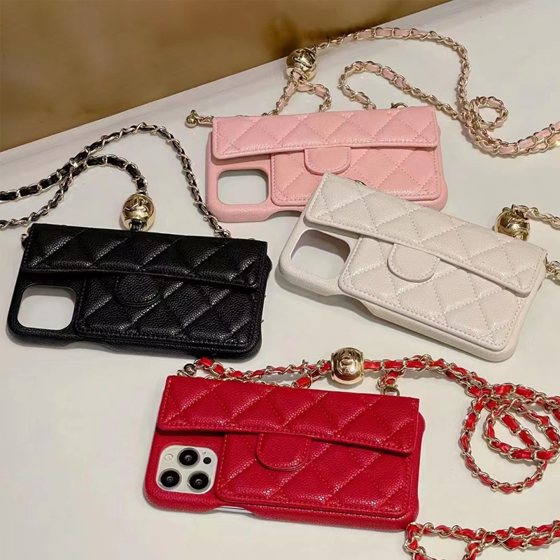 Phone Case iPhone Case For iPhone 16 Pro Max 15 Pro Max 14 ProMax 13 12 15 Plus 16 Plus Case Wallet Card Holder Crossbody Leather Caviar Quilted Case Chain Straps