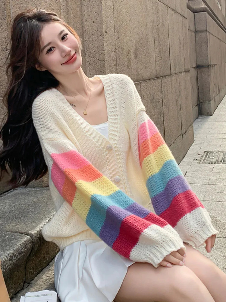 Fashion Rainbow Sweet Cardigan Sweaters Women Casual Lazy Wind Korean Knitted Coat Chic V Neck Loose Long Sleeve Tops Outwear 250108