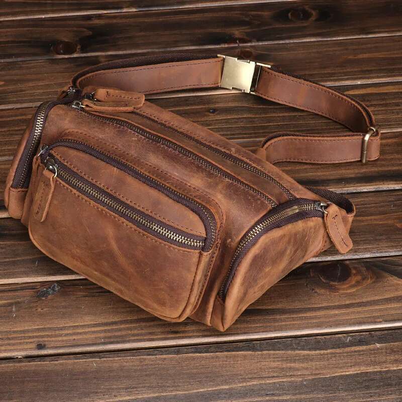 Genuine Leather Men's Chest Vintage Multi-Layered Functional Shoulder Bag