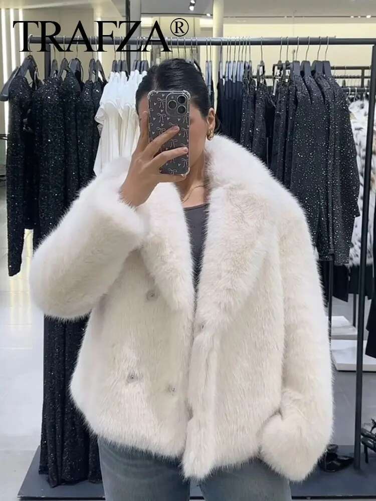 TRAFZA Female Elegant Solid 3-Color Faux Fur Effect Long Sleeve Cardigan Winter Women's High Street Pockets Coat Mujer