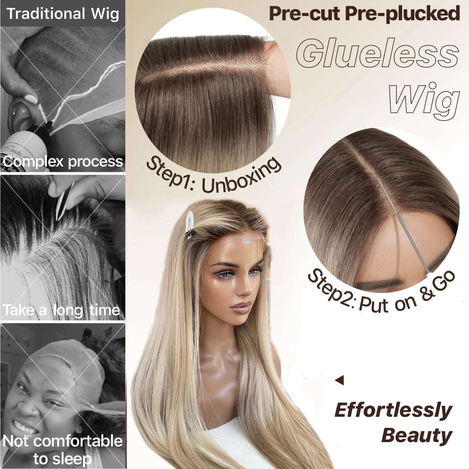 Beige Blonde Balayage Colored Glueless Human Hair Preplucked Ombre Transparent Straight 5x5 Lace Closure Wig Ready To Wear