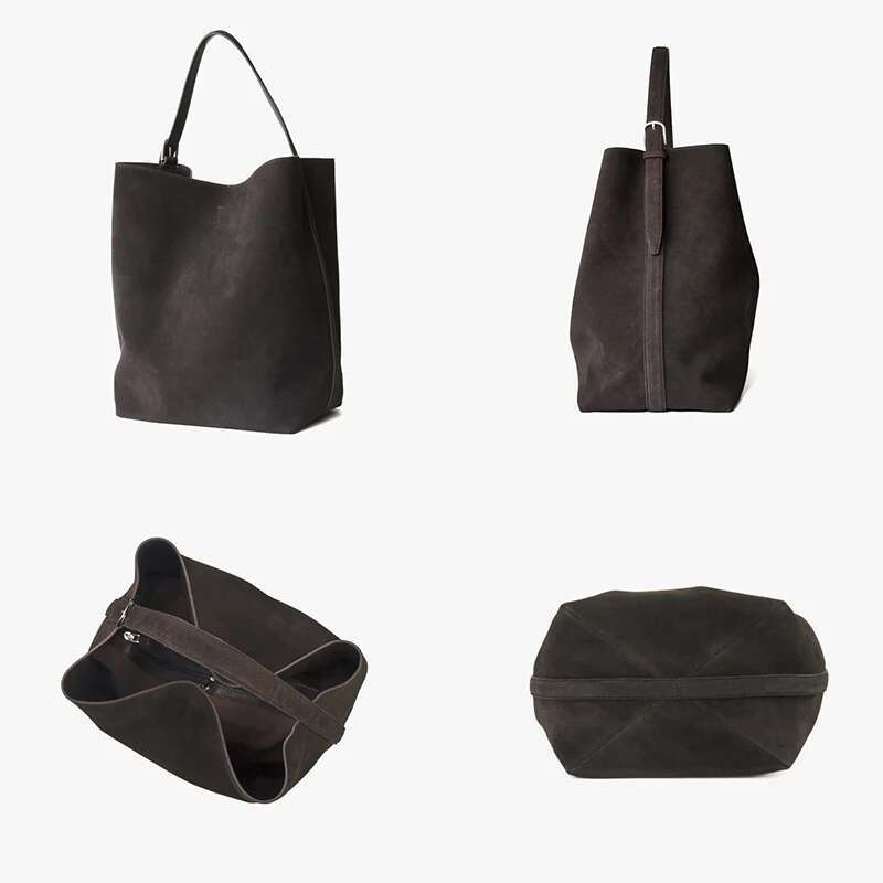 Donna-In Natural Suede Casual Tote Plus Size Genuine Cowhide Bucket Bag With Adjustable Shoulder Strap