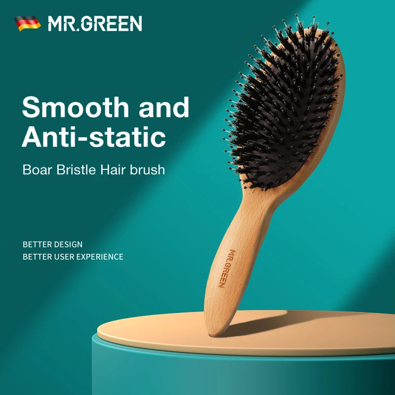 MR.GREEN Boar Bristle Hair Brush Natural Beech Comb Hairbrush for Curly Thick Long Dry Wet Hair Detangler Massage Brushes Women 250106