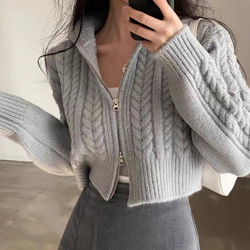 Twists Knit Short Coat Long Sleeve Zipper Sweater Casual Women Cardigan Vintage Winter Korean Chic Elegant Lady Trend Top 250106