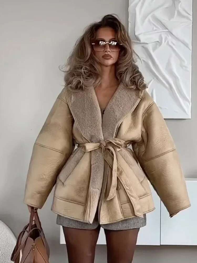 Faux Wool Leather Coats With Belt For Women Loose Lapel Pocket Long Sleeve Overcoat 2024 Female Autumn Winter Warm Streetwear