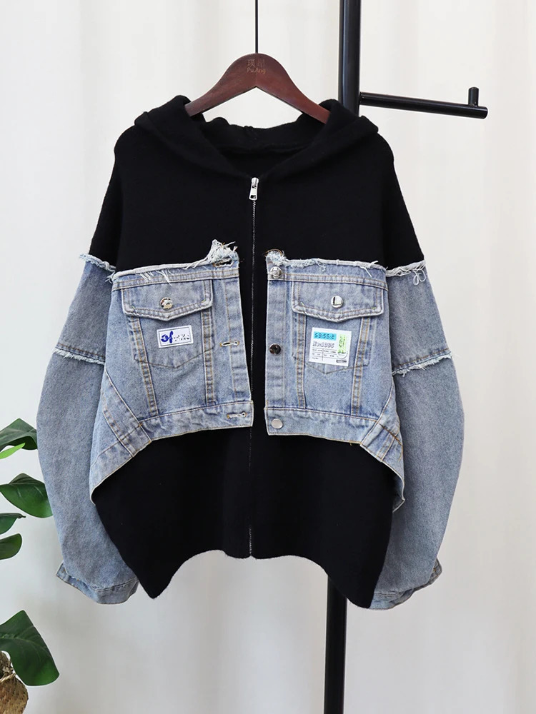 EWQ Denim Patchwork Cardigan Coat Women Long Sleeve Hooded Loose Letter Patch Sweater Jacket Autumn Winter 16U3893 250108
