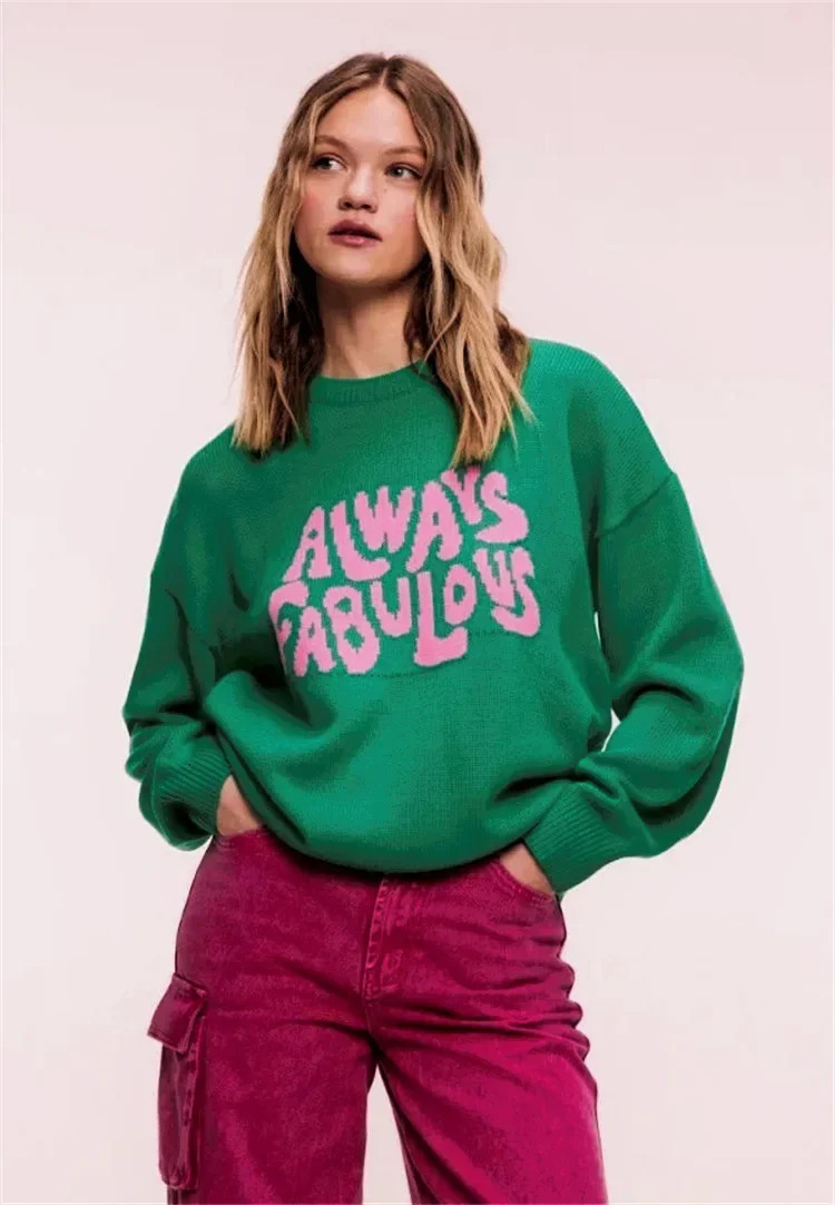 Autumn Winter Green Sweater Women Simple Pullover Knit Elastic Jumper Thick PINKY Warm Y2k Letter Streetwear Jacquard Jumpers 250108
