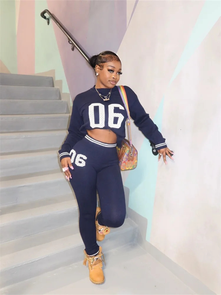 Long Sleeves Crop top tracksuits Womens Suits Casual Bodycon Pants White Blue Sweater 2 Two Piece Sets Sweatshirts 250106