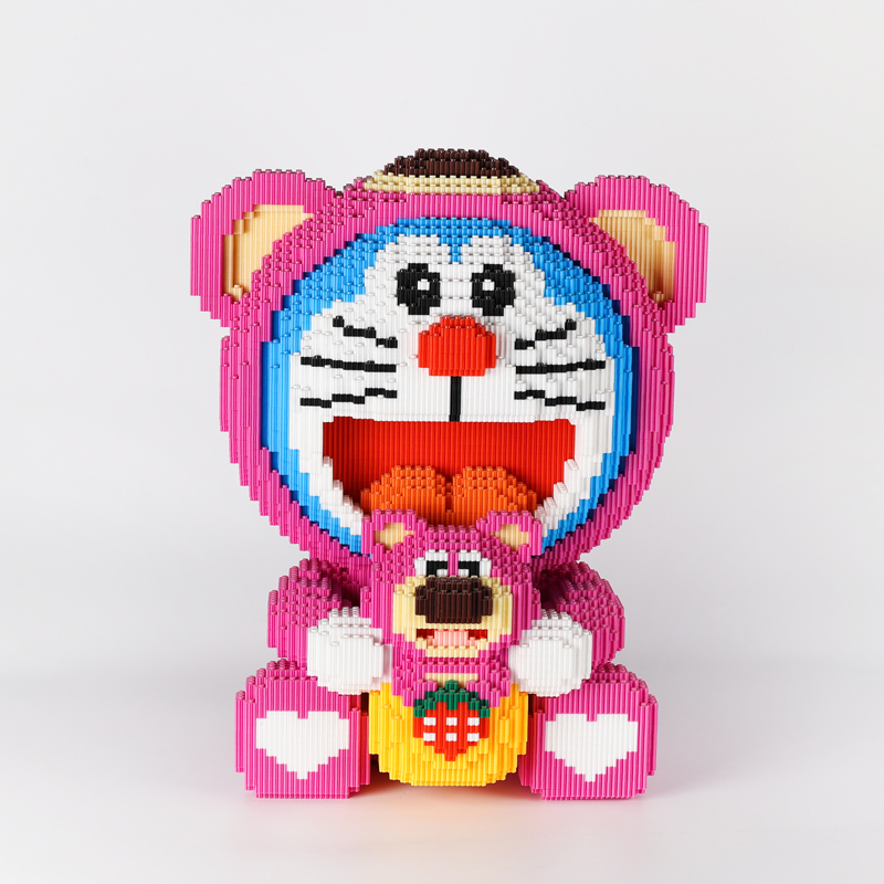 40cm high Hi Caipin doraemon strawberry bear disguise children and adults educational granular building block toys