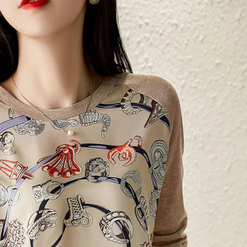 Spring Autumn Fashion Printing Round Neck Long Sleeve Knitting Pullovers Women Elegant Korean Style Allmatch Tops 250108