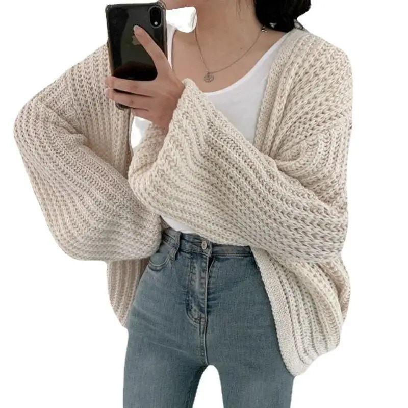 Women Knitted Cardigan Long Sleeve Sweater Jacket V-neck Oversized Loose Casual Balloon Sleeves Harajuku Cropped Cardigan 250106