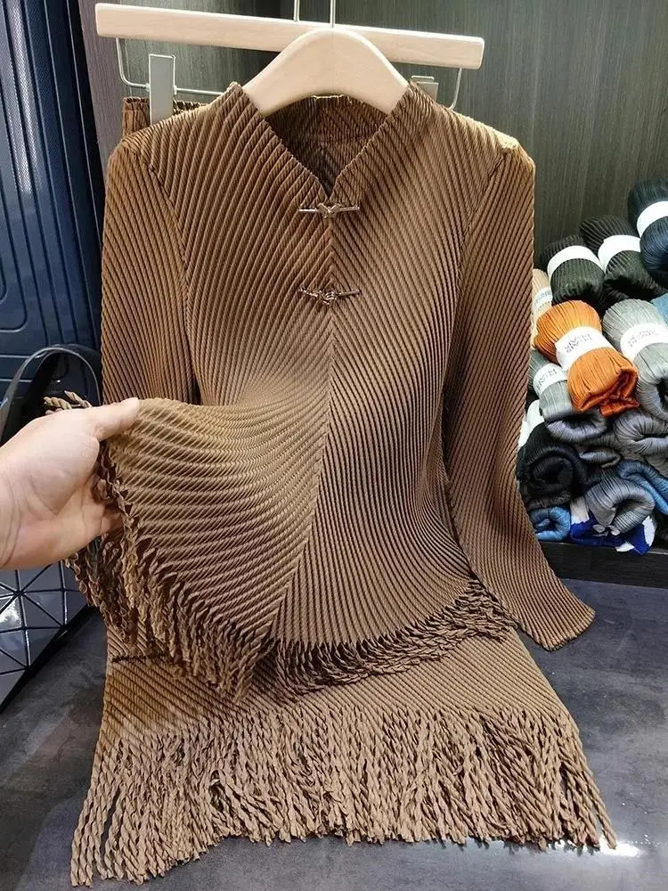 Spring Vintage Tassels Miyake Pleated 2 Pieces Set Women Solid Office Stretch Blouse TopElastic Waist Midi Skirt Suit 250106