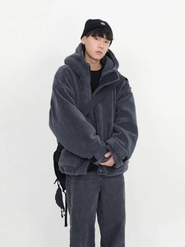 Gmiixder Winter Fur Coat Oversize Cashmere Mens Zipper Up Dark Gray Unisex Hip Hop Hooded Plush Padded Jacket 250107