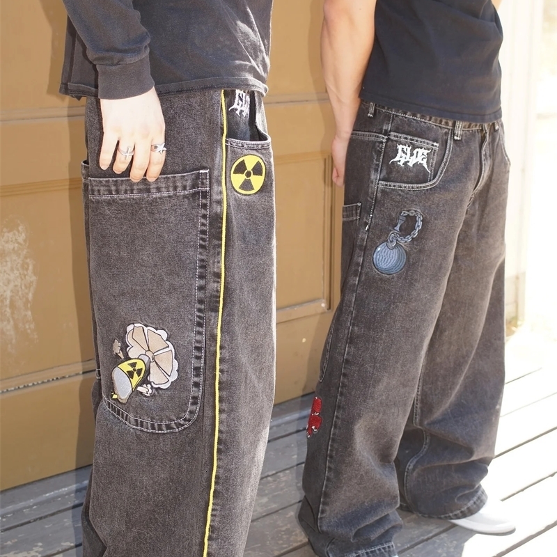 Y2K Goth Men Women Fashion Hip Hop Wideleg Jeans Retro American High Street Embroidered Black Baggy Patchwork Denim Pants 241226