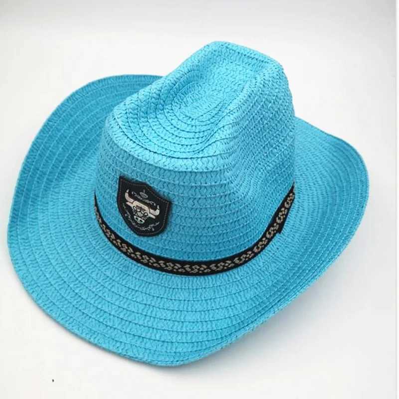 Summer Men Bl badge denim straw hat Sunhat rope jazz hat Western style wide Brim hat mens sun protection hat X250109