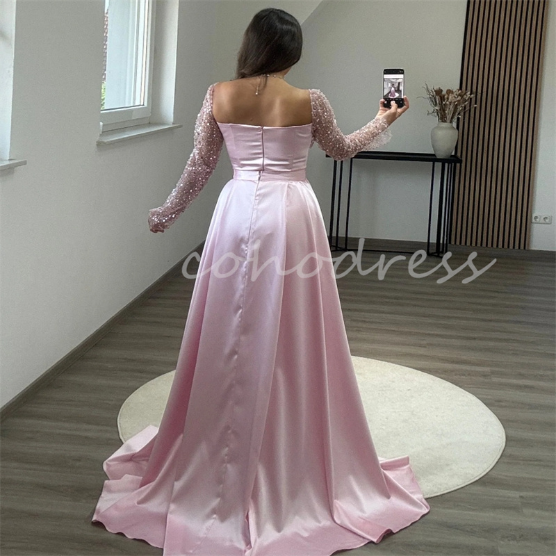 Saudi Arabic Baby Pink Evening Dress With Overskirt Train 2 In 1 Dubai Abaya Prom Dress Long Sleeve Sequin Engagement Dress Ceremony Formal Occasion B