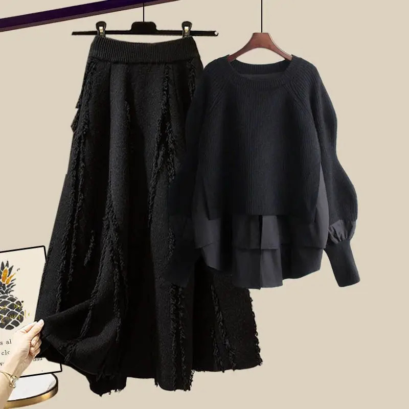 Womens Fashion Sweater Skirt Twopiece Set Korean Elegant in Matching Dress Suit 250106