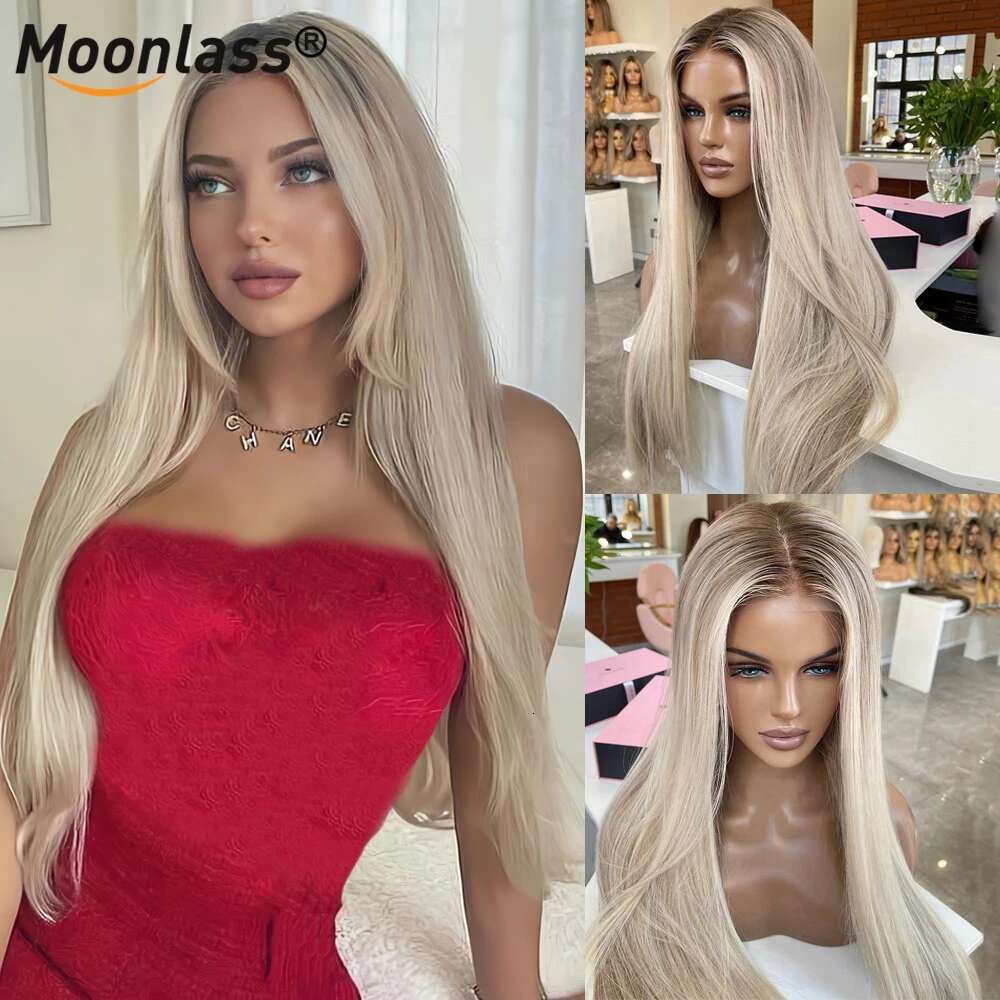 Beige Blonde Balayage Colored Glueless Human Hair Preplucked Ombre Transparent Straight 5x5 Lace Closure Wig Ready To Wear
