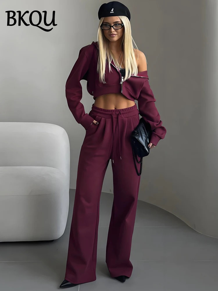 BKQU Fashion Two Piece Women Hoodie Pants Set Casual Long Sleeve Zip Up Jacket Sweatshirt Suit Baggy Sweatpants Woman Tracksuit 250106