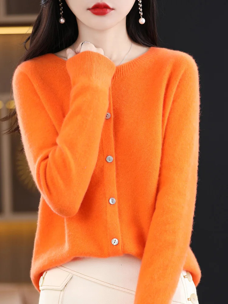 Addonee Women 100% Merino Wool Sweater Cashmere O-neck Cardigan Raglan Sleeve Classical Knitwear Solid Fashion Basic Clothing 250106