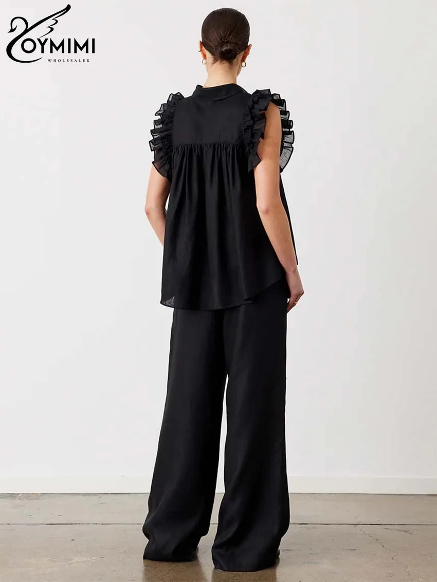 Oymimi Elegant Cotton Black Womens 2 Piece Outfit Set Fashion SingleBreasted Sleeveless Ruffled Shitrs And Simple Trousers Sets 250106