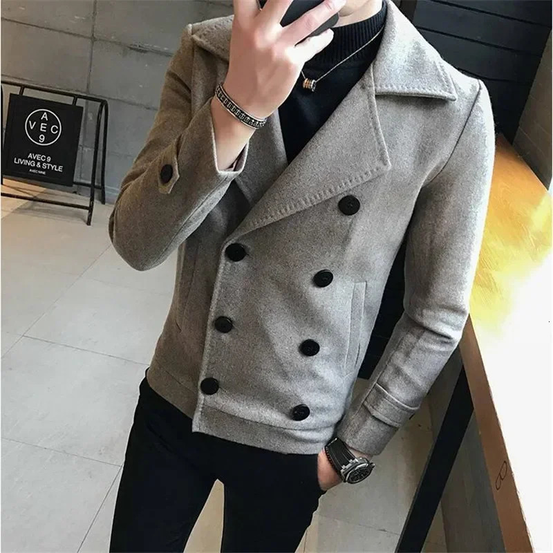 2023 Fashion Men DoubleBreasted Windbreaker Solid Color Slim Short Woolen Coat Winter Casual Warm Size 5XL 250106