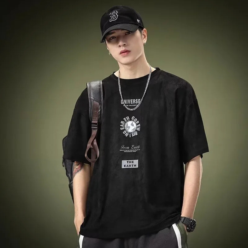 Summer Graphic Printed Suede Short Sleeve Tshirt For Men Y2K Streetwear Oversized Tee Shirts Hip Hop ONeck Tops 250106