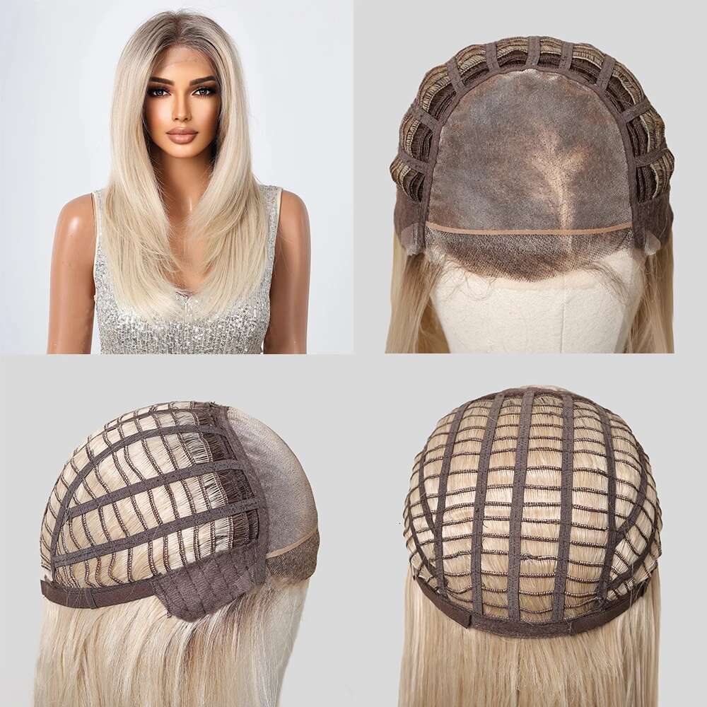 Layered Synthetic Wigs Dark Brown White Blonde Ombre MONO Top 4X4 Lace Front Wig FUTURA Hair for Women Daily Party Mono