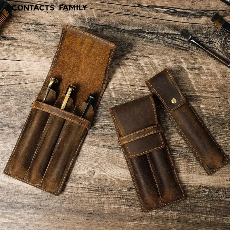 Handcrafted Fountain Pen Pencil Case Genuine Leather Pen Bag for 1-3 Pens Stationery Office School Supplies For JINHAO 250110