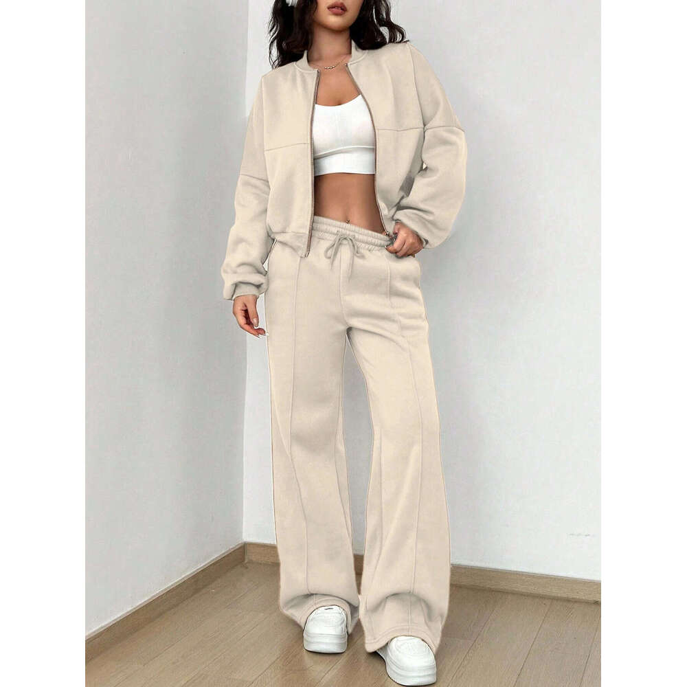 Women's Wear 2-Piece Retro Solid Color Zipper Bomber Jacket Sweatshirt + High-Waisted Lace-Up Women's Loose Veet Pants Suit