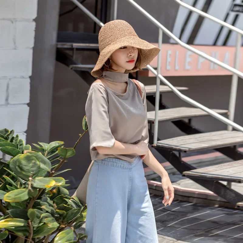Fashion womens straw hat warm summer sunshine Visor Sunhat Panama kayak soft wooden bucket hat Fem Wan summer straw hat beach X250109
