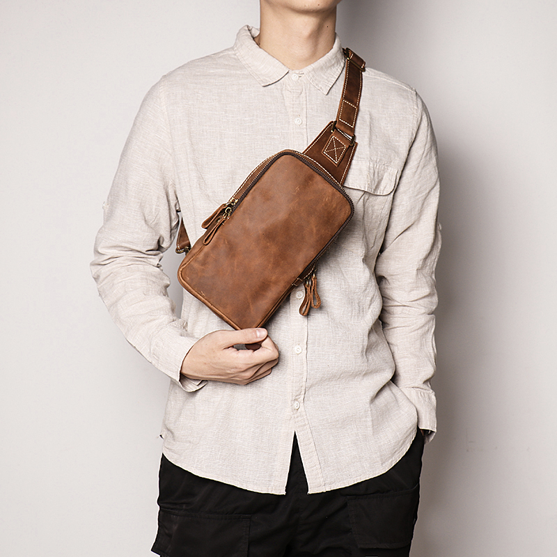 Men Crazy Horse Cow Leather Zipper Retro Male Motorcycle Outdoor Chest Casual And Simple Single-Shoulder Bag