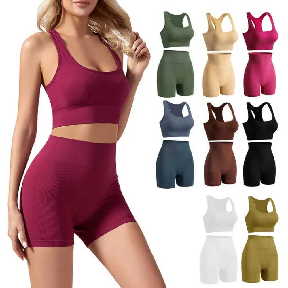 2Pcs High Waist Short Workout Outfits Ribbed Seamless Tracksuit Leggings Sleeveless Crop Matching Active Set BikerXJ250109