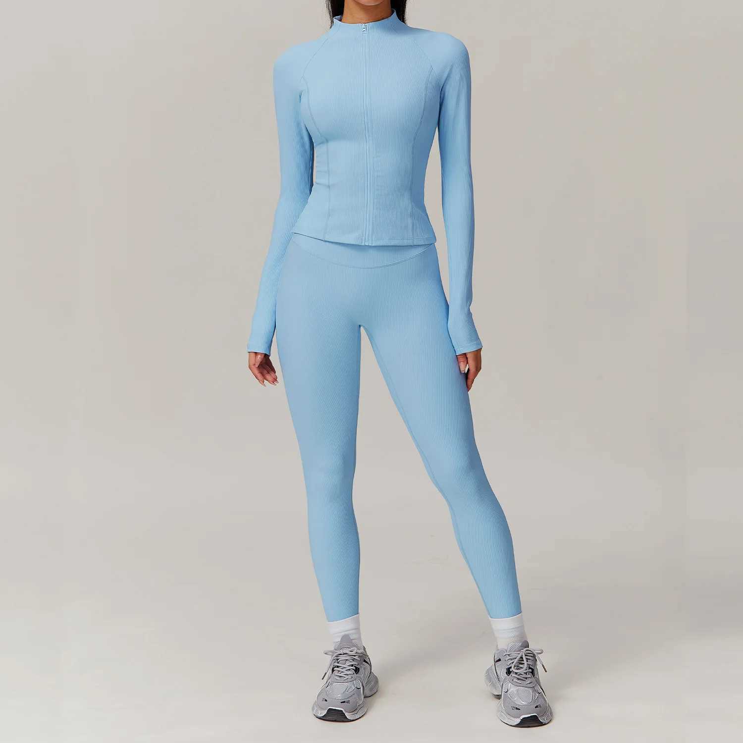 2PCS Women Yoga Set Workout Tracksuits Sportswear Gym Clothing Fitness Long Sleeve Jacket High Waist Leggings Ribbed Sports SuitXJ250109