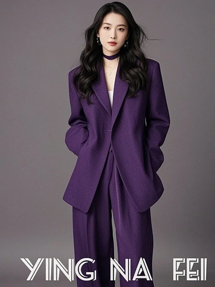 BJTZ Set For Important Occasions Womens Clothing Autumn Purple Suit Jacket Straight Leg Pants Two 250106