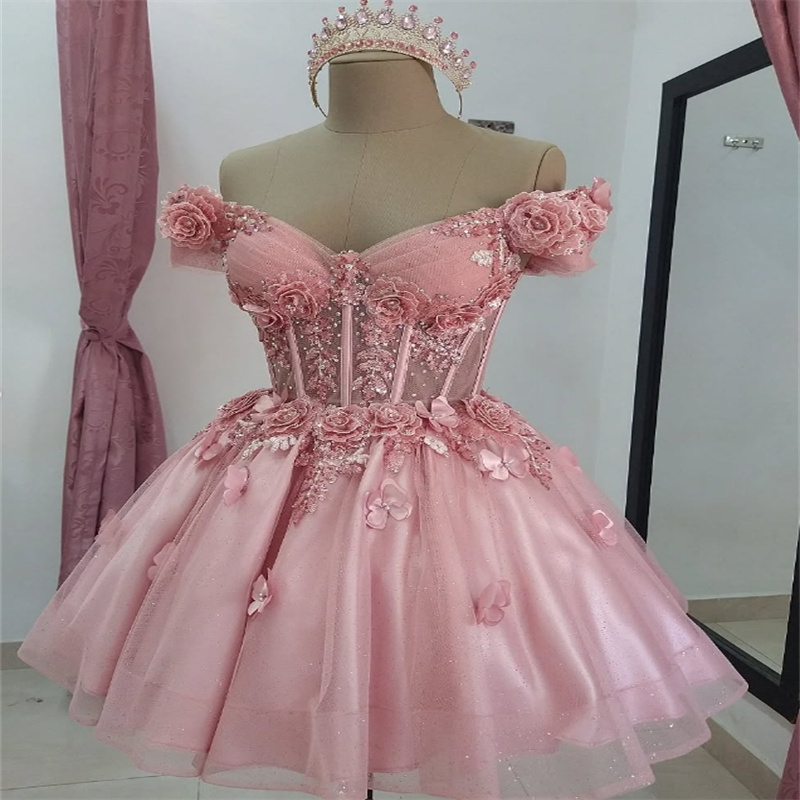 2 In 1 Pink Vestidos De 15 Quinceanera Princess Puffy 3D Florals Vestidos De Xv Anos Beaded Short Birthday Party Gown Cap Sleeve Beaded Sweet 16 Dress