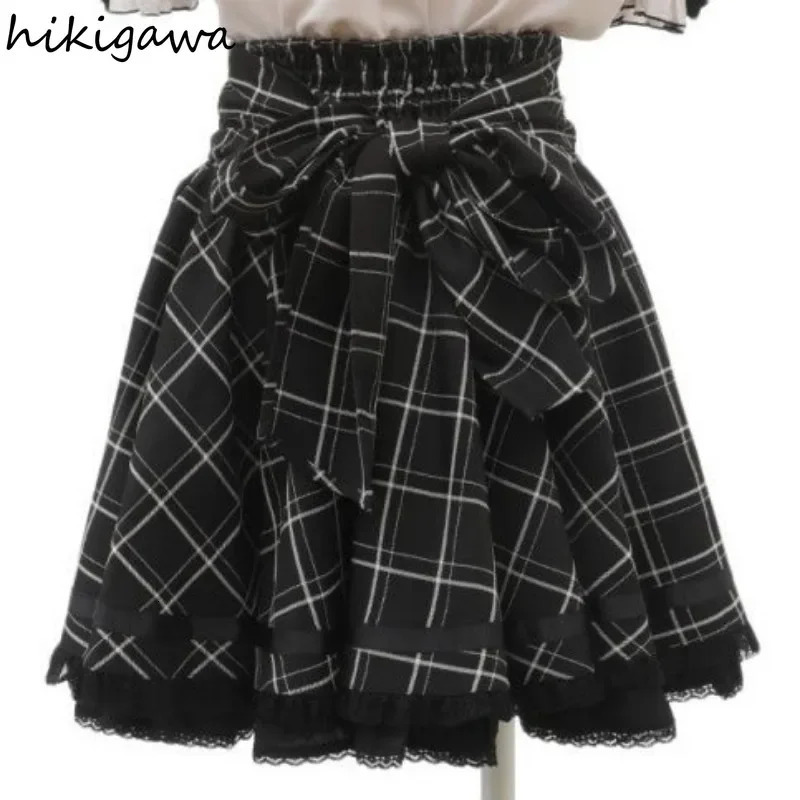 Faldas Mujer De Moda Japanese Women Skirts Patchwork Lace Bow Jupe Plaid Summer Saia High Waist Aline Fashion Y2k Skirt 250106