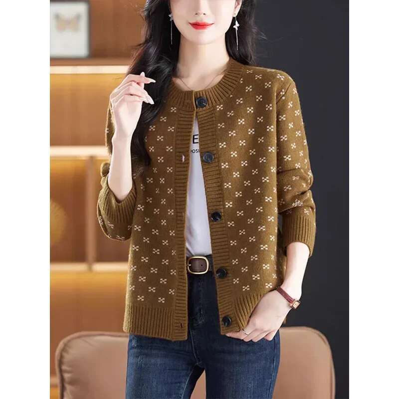 Women's Clothing O-Neck Vintage Jacquard Knitted Cardigan Autumn Winter Loose Soft Wool Thick Warm Sweater Commute Casual Top