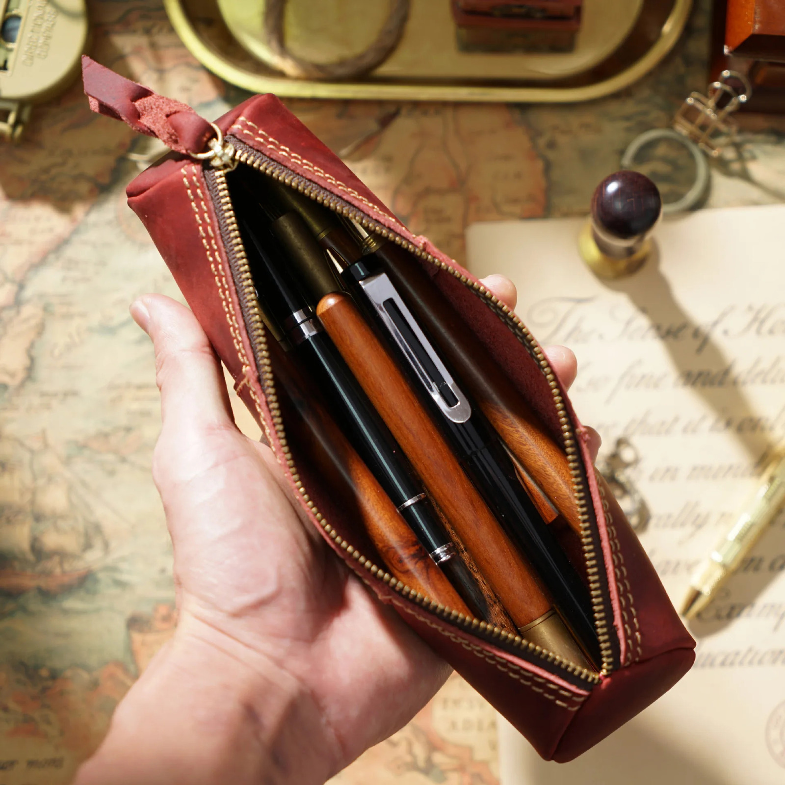 Vintage leather zipper pencil case organiser pouch simple handmade pen case box coin purse stationery storage bag for school 250110