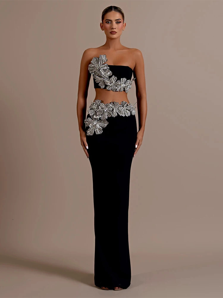 Sexy Long Sleeves Bandage 2Piece Sets Women Turtleneck Shiny Diamonds Flower Top Bodycon Mini Skirts Suits Evening Party Set 250106