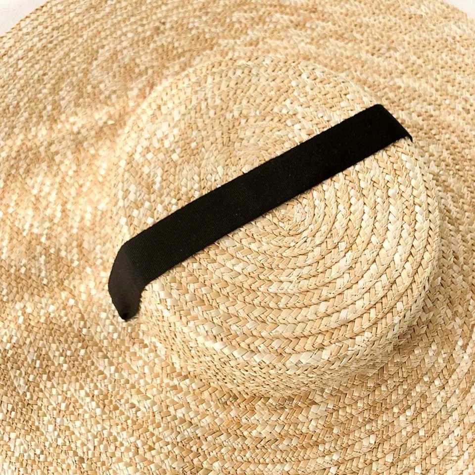Wide Brim Rowing Hat 15cm 18cm Brim Straw Hat Flat Brim Summer Hat White Black Ribbon Tie Sun Hat X250109