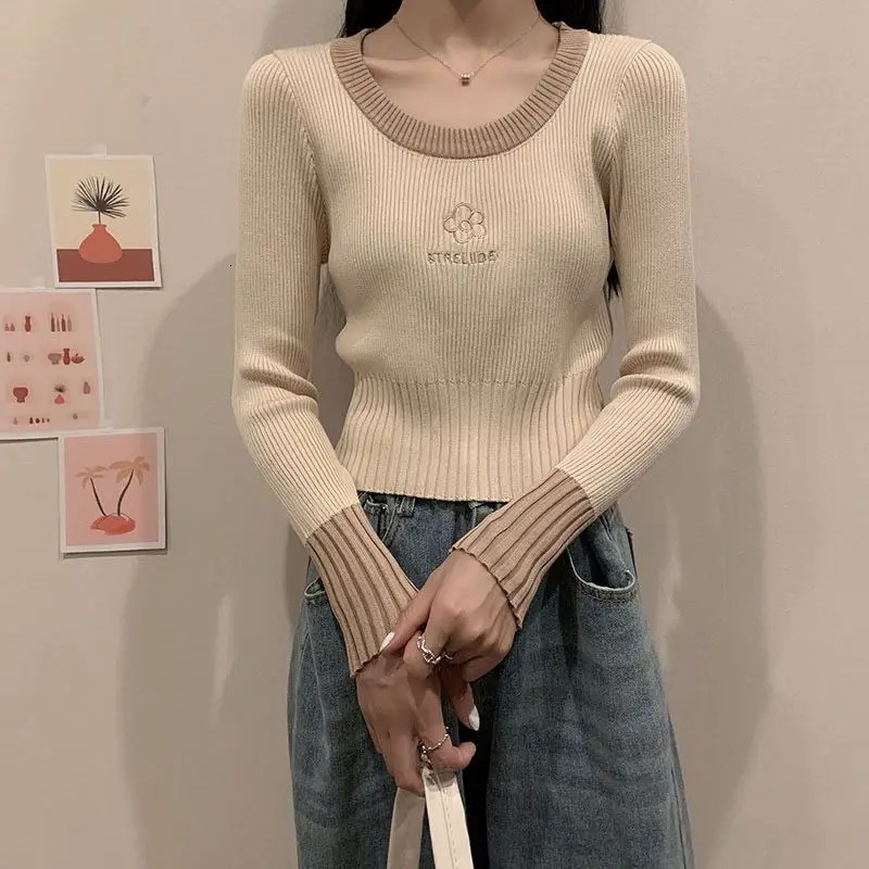 Spring Autumn Screw Thread Letter Flower y Womens Clothing Pullover Long Sleeve Sweater Knitted Round Neck Tops 250108