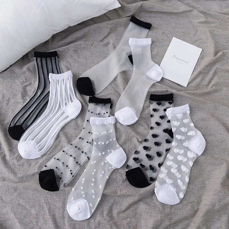 4 Pairs New WOMEN'S Socks Fashion Tulle Mesh Glass Stockings Ultra-thin Transparent Crystal Lace Elastic Summer Ankle Socks