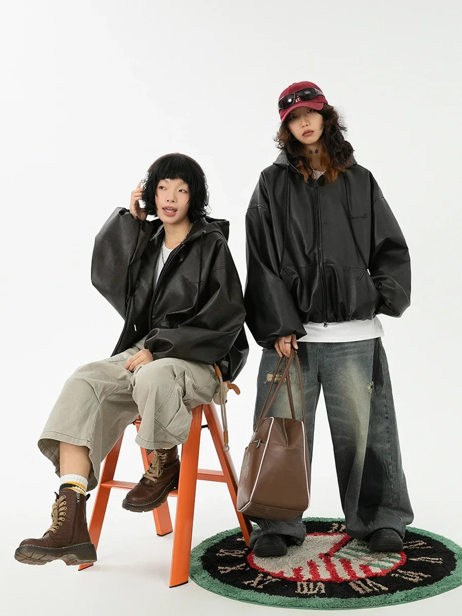 Winter PU leather coat women cold resistant cotton jacket hooded soft shell harajuku waterproof windproof loose 250103