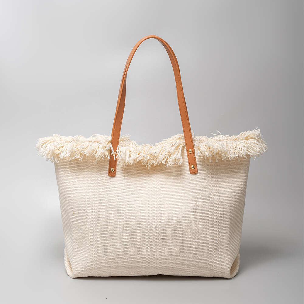 Seaside Vacation Beach Cross-Border Tote High-End Feel, Large Capacity Canvas Bag, Tassel Shoulder Handbag For Women