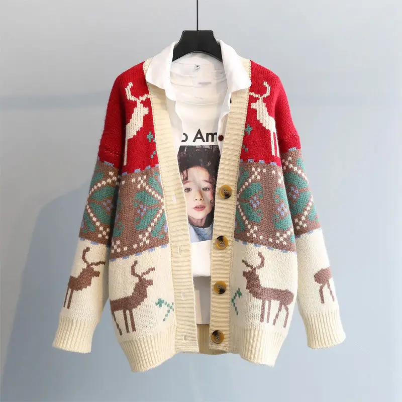 Autumn Winter Y2k Jacquard Chic Button Warm Knitted Cardigan Women Clothing Fashion Vintage Loose Thick Sweaters 250108
