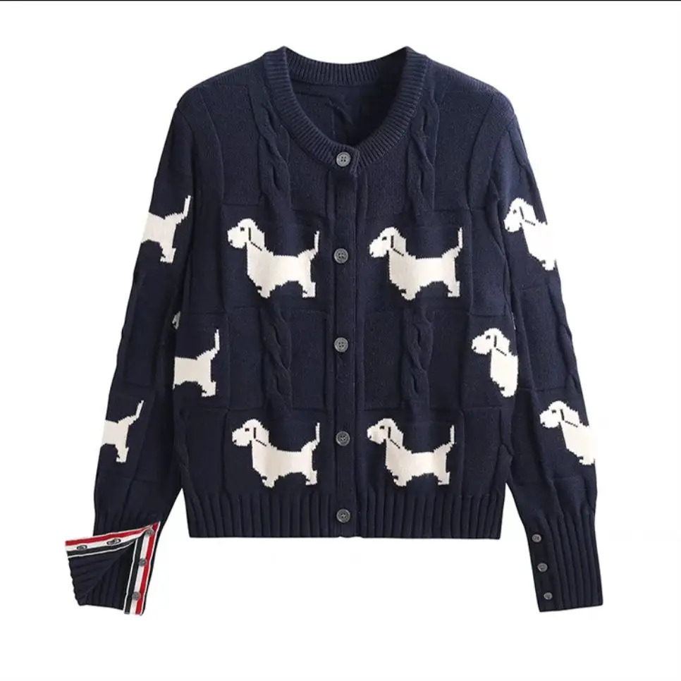 Womens Lazy Style Dog Jacquard Twist Knitted Cardigan Autumn Winter Oneck Casual Versatile Agereducing Short Sweaters Jackets 250108