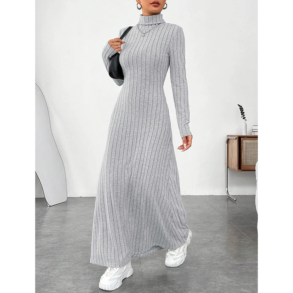 Mia Muse Womens Dresses Autumn Winter Decent Simple Solid Color Long Sleeve HighNeck Maxi Wrap Casual 250106