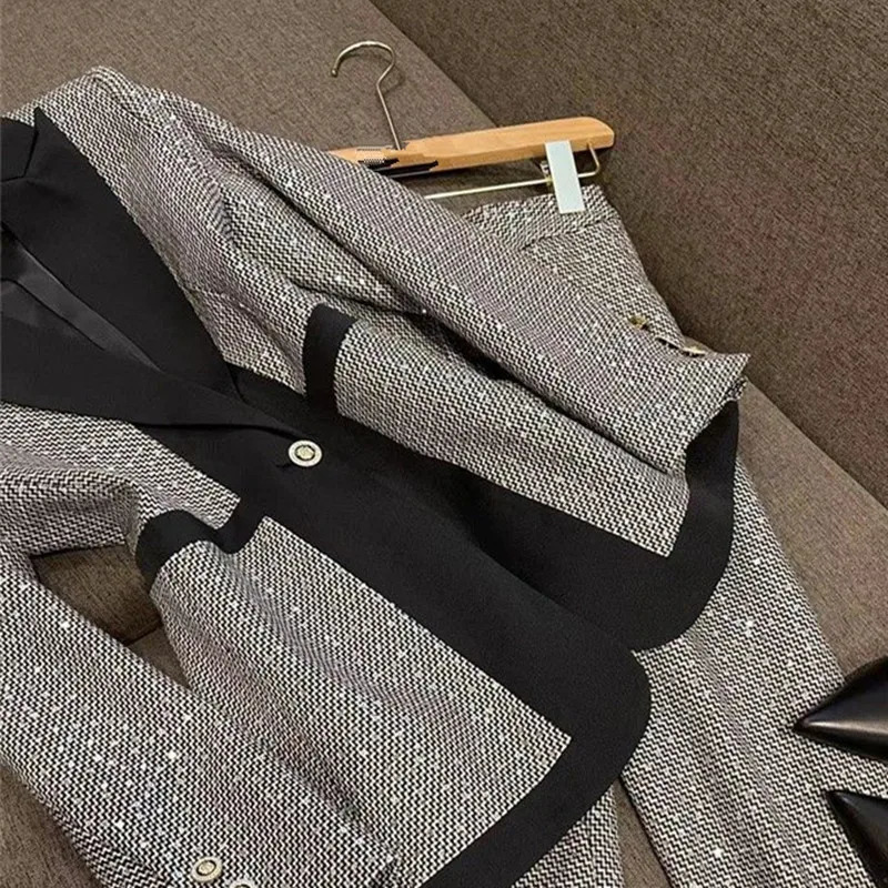 Women Blazers Long Wide Leg Pants 1 or Two Piece Set Korean Office Lady Graceful Slim Sequins Patchwork Suit Coat Trousers Sets 250106